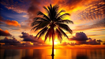 Solitary Palm Tree Silhouetted Against a Dramatic Sunset Over Ocean. A gentle Hawaiian sunset over the ocean  - obrazy, fototapety, plakaty