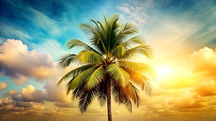Fototapeta na wymiar Sunlit Palm Tree against a Vivid Sunrise Sky with Fluffy Clouds