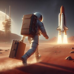 Astronaut with suitcase moving towards a rocket taking off. - obrazy, fototapety, plakaty