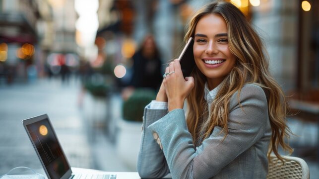 A multiracial woman is sitting at a table while engaged in a phone conversation through her cell phone
