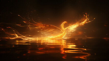 Fire phoenix silhouette. dynamic elegance, dark background, minimalist style. free space for text. Generative AI
