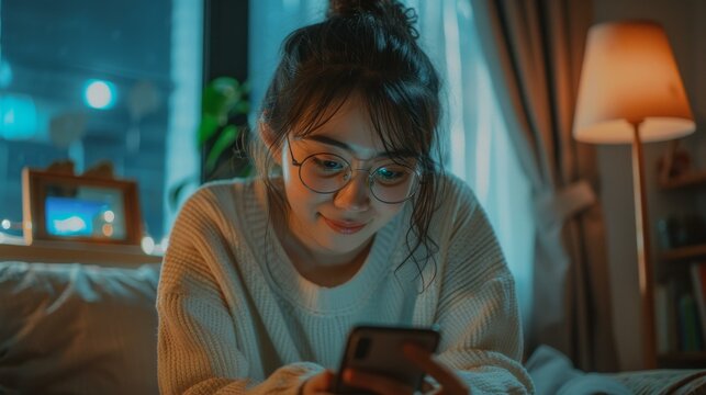 A multiracial woman wearing glasses is focused on her cell phone screen