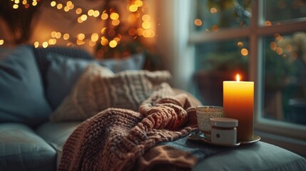 A cozy nook with a lit candle, plush knitted throw, and comfortable pillows, creating a warm and inviting ambience - obrazy, fototapety, plakaty