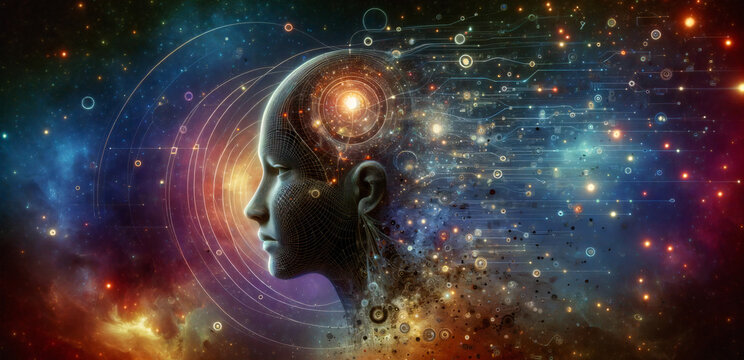 Humanoid profil head with wireframe lighting neon and lines- technology, innovation, futuristic background-Digital neural network - Powered by Adobe