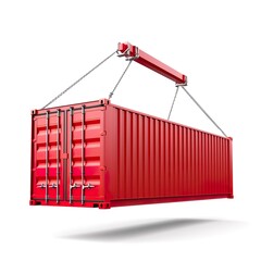 Red cargo container hanging on a white background.
