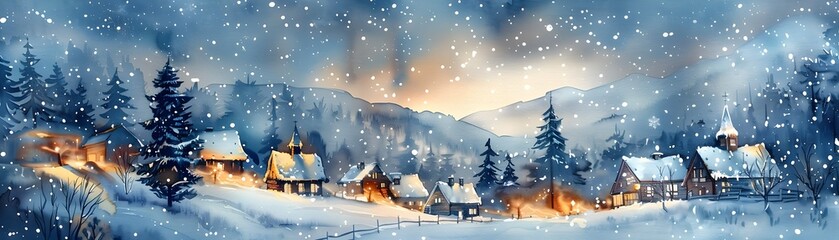 Fototapeta premium Enchanted Watercolor Winter Village in Snowy Mountains at Night