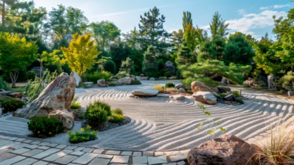 Fotobehang The heart of the Japanese garden, a place for meditation.Zen garden, which is a miniature stylized landscape. It is filled with compositions of stones, gravel, white sand and plants. Generative AI © Юрий Маслов