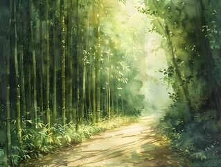 Fototapeta premium Sunlit Bamboo Forest Path in Watercolor and Anime Style, To convey a sense of peace and tranquility through the depiction of a sunlit bamboo forest