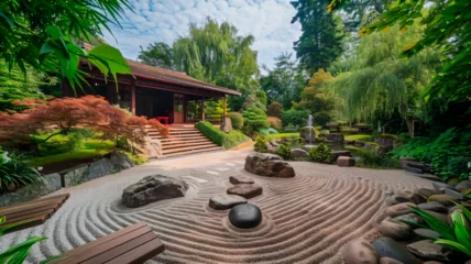 Fotobehang The heart of the Japanese garden, a place for meditation.Zen garden, which is a miniature stylized landscape. It is filled with compositions of stones, gravel, white sand and plants. Generative AI © Юрий Маслов