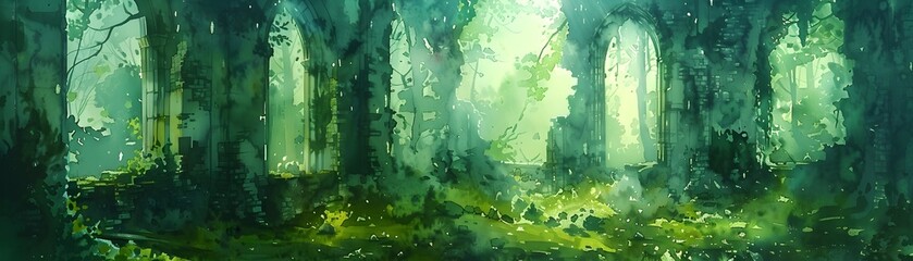 Fototapeta na wymiar Anime Style Oil Painting of a Detailed Fantasy Forest in Lush Green Tones