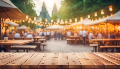 Empty table with beergarden festival in summer