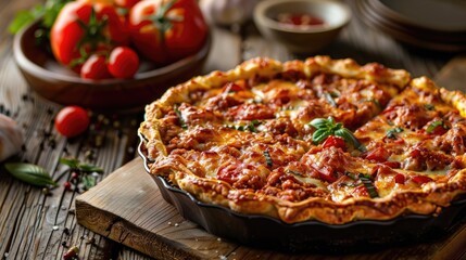 A delectable Chicago-style pizza pot pie, freshly baked with a golden crust, served on a rustic wooden table surrounded by fresh ingredients. - obrazy, fototapety, plakaty