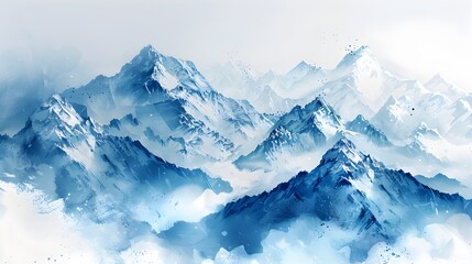 Fototapeta na wymiar Abstract Watercolor Snowcapped Mountains in Panoramic View with Cinematic Lighting and Icy Blue Hues