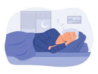 Old Woman Sleeping in Bed at Night