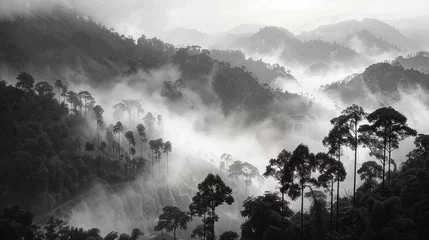 Selbstklebende Fototapeten Black and white mountains in the fog © Annette