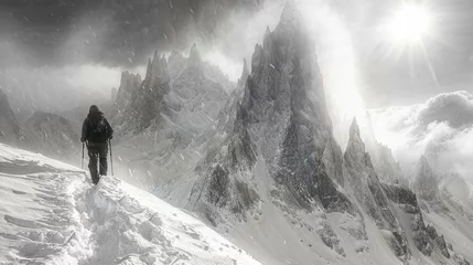 Zelfklevend Fotobehang Person walking in the snow on the mountain © Annette