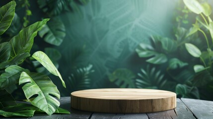 A wooden table is featured with a green plant in the background, creating a simple and natural scene