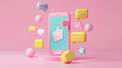 A playful 3D illustration of a smartphone surrounded by colorful social media interaction icons, symbolizing connectivity and online engagement