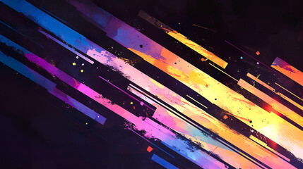 黒背景にカラフルでビビッドな斜めラインの水彩イラスト