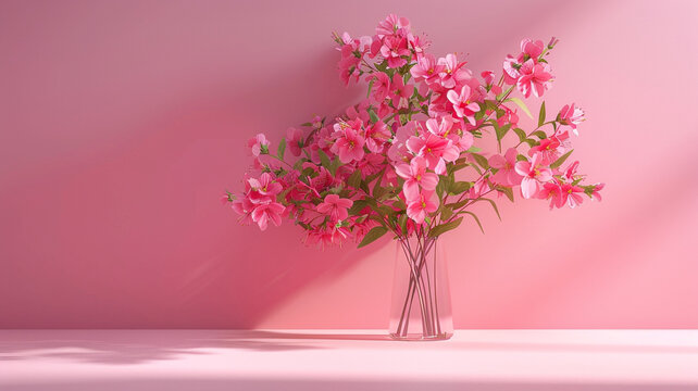 A radiant bouquet of pink blossoms stands elegantly in a clear glass vase, casting soft shadows on a matching pink background, embodying a blend of natural beauty and graceful interior decor