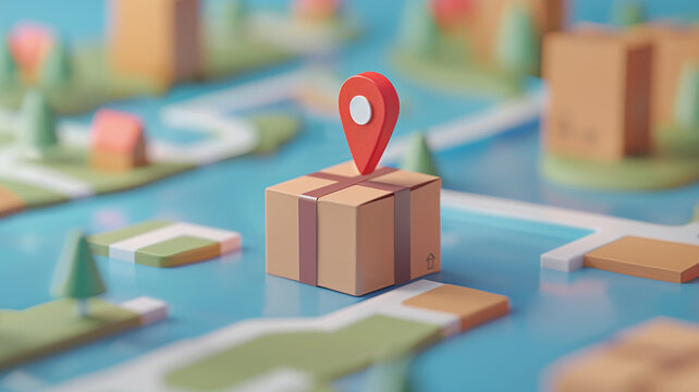 A whimsical 3D illustration of a package marked by a red location pin on a stylized map, depicting the concept of modern, efficient logistics and package tracking