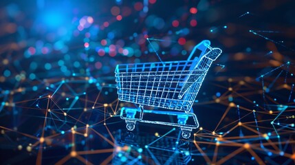 Ecommerce platform enhanced with a blue digital cart utilizing blockchain technology for secure and transparent transactions - obrazy, fototapety, plakaty