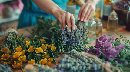 With a gentle touch, the woman selects bundles of dried herbs and flowers, including lavender,...