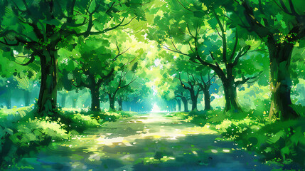 Fototapeta na wymiar Sunlit Forest Road, Tranquil Nature Scene with Lush Green Trees and Sunshine, Peaceful Pathway