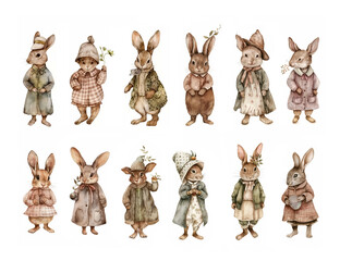 Set with vintage wearing rabbits in watercolor. Cute easter bunny in sepia pastel colors isolated on white.