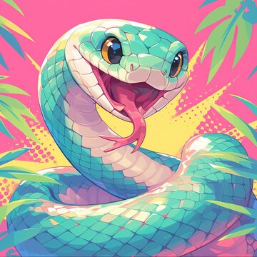 Green funny cute cartoon snake on pink background