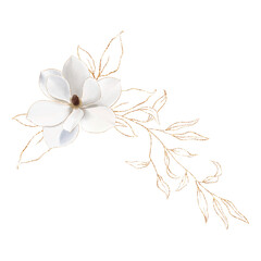 White magnolia flower with golden leaves isolated on transparency background. Floral luxury design for greeting cards. Elegant botanical element for pattern, frame, poster. Greenery wedding invitation