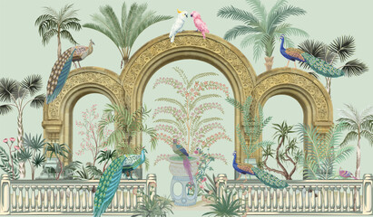 Traditional Greek Mughal garden, roman arch, parrot, bird seamless vector pattern, Watercolor Background. - obrazy, fototapety, plakaty