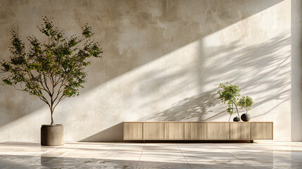 Minimalist Room with White Walls and Natural Light, Modern Interior Design with Green Plant Accents