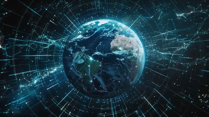 Fototapeta premium Digital world globe centered on Europe, concept of global network and connectivity on Earth, data transfer, 