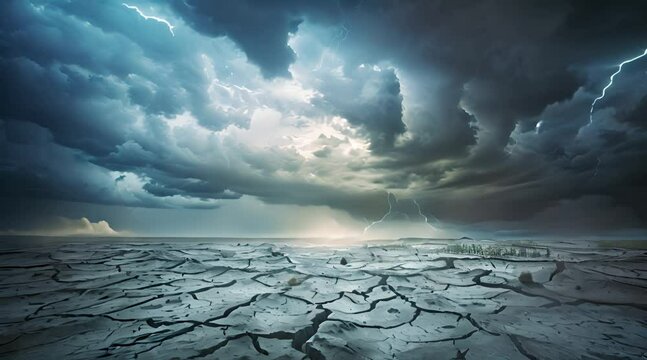 Impending Storm Over Cracked Earth Landscape with AI generated.
