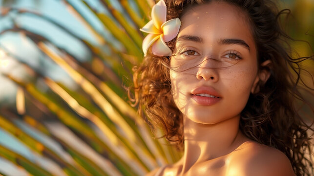 Woman with plumeria flower in her hair on beach against backdrop of palm trees at sunset. Copy space. 