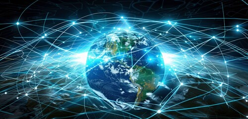 Naklejka na ściany i meble Digital world globe centered on Europe, concept of global network and connectivity on Earth, data transfer, 