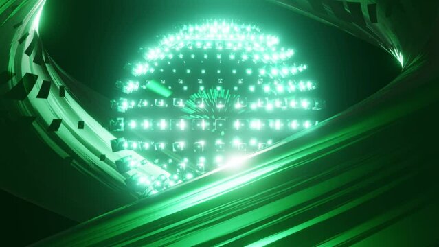 Psychedelic abstract bright disco ball seamless loop. Glowing green color. Seamless loop background. Dance party. 3d render for music performance. Seamless VJ loop animation
