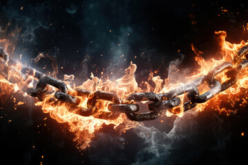 Burning steel chain with sparks on dark background.