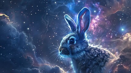 Sci fi novel where a rabbit enhanced with intelligence by a cosmic event navigates the wonders and dangers of the Nebula Galaxy - obrazy, fototapety, plakaty