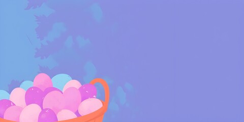 Obraz premium Pastel Easter basket with colorful eggs cartoon paint abstract backdrop with empty copy space for greeting card, web, banner decoration