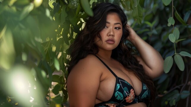 Plus size female in a swimsuit on green background. Young asian woman in swimwear 