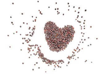 Spiecy portion of mustard seeds on bright background.
