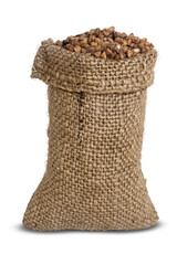 Buckwheat in a jute bag isolated on a transparent background.
