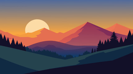 Serene Sunset Over Majestic Mountains With Rising Moon
