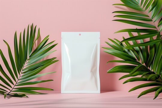 white blank pouch package doypack mockup palm and banana leaves in the background with pastel pink background