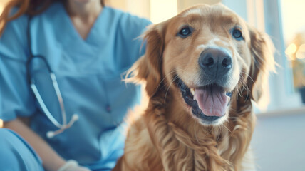 Happy golden retriever receives care from a vet, showcasing the bond between humans and pets.