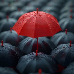 Leader in the Crowd Concept, Bulu, Red Umbrella Sneaks Up Against the Flow of Black Umbrellas. Beautiful 3d Animation, 4K. Made with generative ai
 - obrazy, fototapety, plakaty