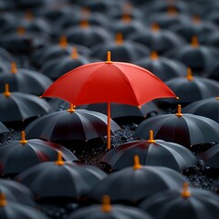 Leader in the Crowd Concept, Bulu, Red Umbrella Sneaks Up Against the Flow of Black Umbrellas. Beautiful 3d Animation, 4K. Made with generative ai
