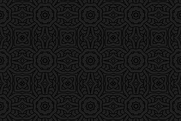 Embossed black background, cover design. Handmade. Geometric unique 3D pattern. Ornaments, arabesques, boho style. Traditions of the East, Asia, India, Mexico, Aztec, Peru. Current design and decor.